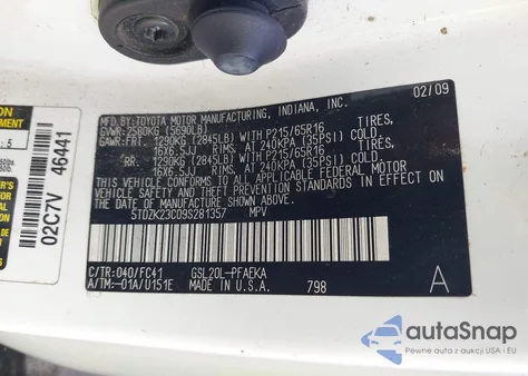 2009 Toyota Sienna Le из США, поврежденный, VIN 5TDZK23C09S281357